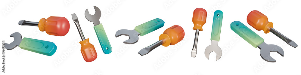 Poster realistic of set working tools icon . simple repair icon with wrench and turn-screw 3d render illust