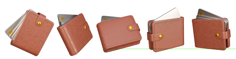 3d money purse wallet card holder in 5 different angles isolated on white background. 3D render.