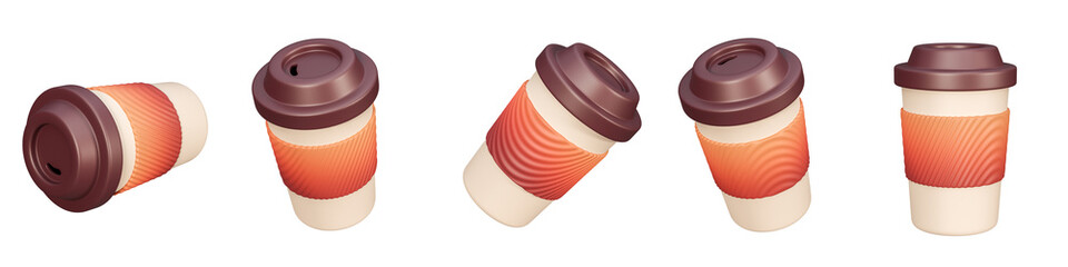 Realistic 3d paper coffee cup icon set closeup on white background. 3d render of menu signs, symbol.