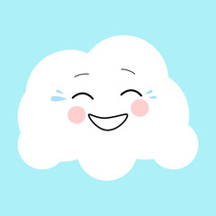 A cheerful cloud is flying across the sky. The character is cartoon.