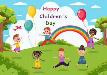 Happy children's day, group children's leisure park. Children's activities. Happy funny children play and jump in the park. Vector cartoon.