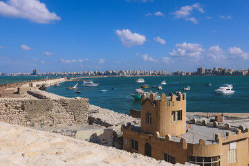 Panoramic View to the City of Alexandria with Citadel, Mediterranean Sea Embankment, Road, Streets...