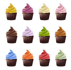 Set of cupcakes. 12 cupcakes with different creams 