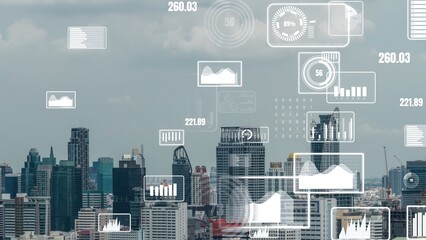 Business data analytic interface fly over smart city showing alteration future of business intelligence. Computer software and artificial intelligence are used to analyze big data for strategic plan .
