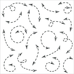 Set of black dotted arrows. Hand drawn simple and spiral arrow vector icons set on white background.Vector illustration
