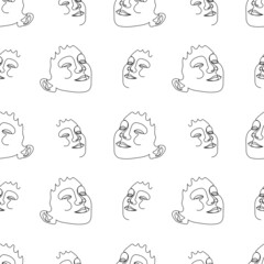 Seamless pattern with one single line drawings of female face. Black line on white background.