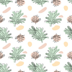 Seamless pattern with one single line drawings of monstera leaves and abstract shapes. Black line on whte background.