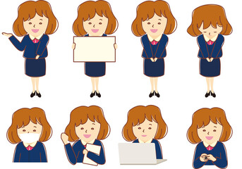 スーツを着た女性全身と上半身で事務員やホテルフロントなどのベクター8点ポーズセット