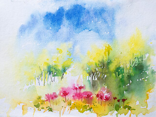 Obraz na płótnie Canvas Nice watercolor painting of spring, red flowers with bright yellow trees on full bloom in the morning. Hand painted watercolor illustration.