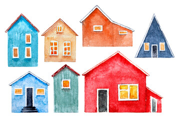 Watercolor drawing of scandinavian houses isolated on the white background. Hand painted illustration of multicolored cabins