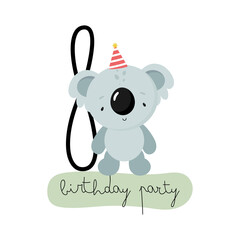 Birthday Party, Greeting Card, Party Invitation. Kids illustration with Cute Koala and the number eight. Vector illustration in cartoon style.