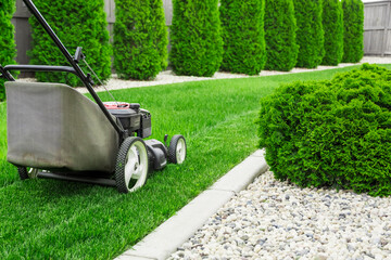 Lawn mower cutting green grass in backyard, mowing lawn - obrazy, fototapety, plakaty