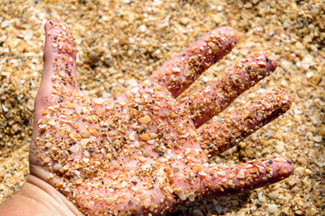 Man's hand covered with sand and shell rock