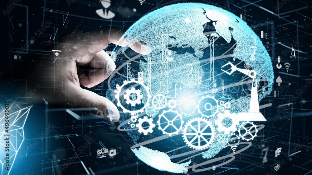 Poster futuristic industry 4.0 and inventive mechanized engineering concept with graphic user interface sho
