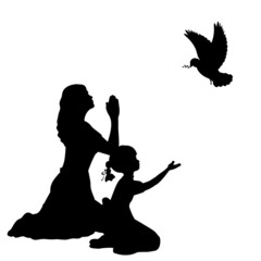 Silhouettes of mother and daughter cry out to pray for peace. Illustration symbol icon vector