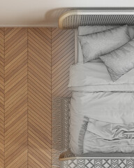 Architect interior designer concept: hand-drawn draft unfinished project that becomes real, bedroom close up, top view, plan, above. Bed, duvet, blanket and pillows, parquet