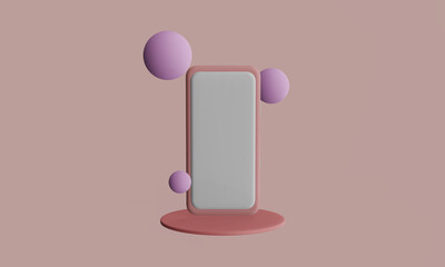 Rose mobile phone surrounded by spheres, with white screen. 3D rendering