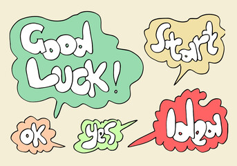Hand drawn arrows, borders set with handwritten text: good luck, start, ok, yes, idea. Vector icon.