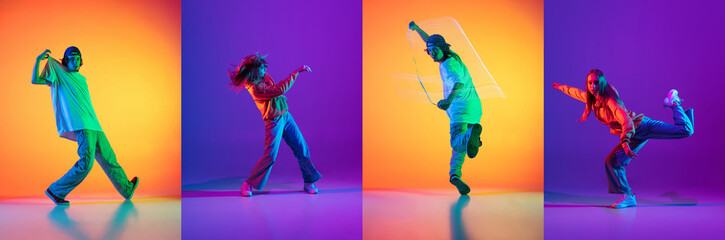 Collage with young break dance or hip hop dancers dancing isolated over multicolored background in...