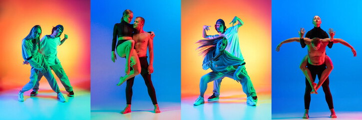 Collage with young break dance or hip hop dancers dancing isolated over multicolored background in neon.