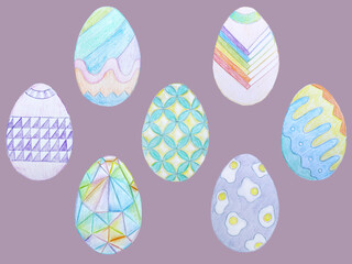 Easter egg pattern. Egg in patterns. Delicate pastel colors. Colored pencils hand drawing.
