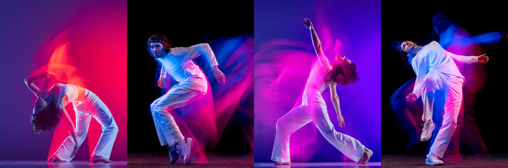 Collage with young energetic girl and boy, hip-hop dancers dancing isolated on dark background with mixed neon light.