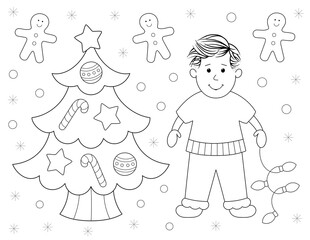 coloring page for kids with a cute little boy decorating a christmas tree. black and white design with stars, candy canes and more shapes to color. you can print it on standard 8.5x11 inch paper