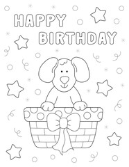 happy birthday coloring page with a cute dog in a gift basket. black and white design with stars, letters and more shapes to color. you can print it on standard 8.5x11 inch paper