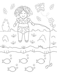 little girl fishing coloring page. you can print it on standard 8.5x11 inch paper