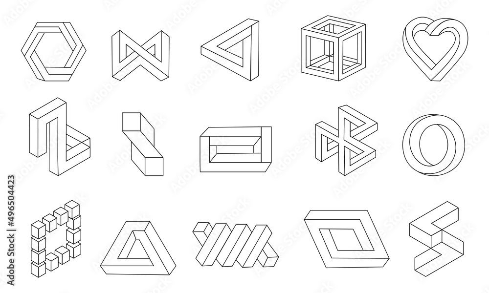Aufkleber Line impossible shapes. Optical illusion collection. Visual perception delusion. Looped unreal forms. Black and white abstract infinite symbols. Vector outline geometric figures set