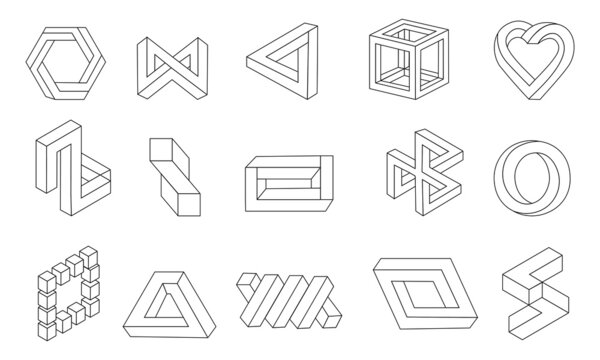 Line impossible shapes. Optical illusion collection. Visual perception delusion. Looped unreal forms. Black and white abstract infinite symbols. Vector outline geometric figures set