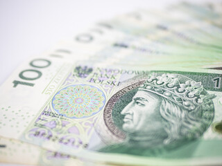 Pile of polish money on white background