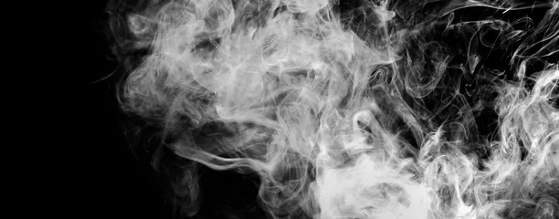 Zelfklevend Fotobehang Abstract White smoke blot on black horizontal long background. © Liliia