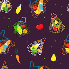 Pattern of eco shopping bags with different products.