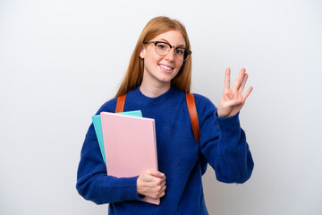 Young student redhead woman isolated on white background happy and counting four with fingers