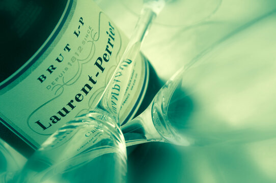 TOURS-SUR-MARNE, FRANCE - SEPTEMBER 2008: Bottle of Laurent-Perrier Champagne and two glasses