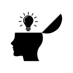 Open mind icon. Creative thinking symbol isolated on white background. Vector illustration of human head with light bulb. Think outside the box, great idea, brainstorm concept.