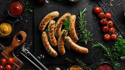 Grilled chicken sausages with rosemary and spices. Barbecue. On a black stone background.