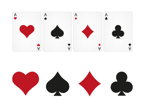 Four playing cards and symbols. Playing card suits icon set. Vector isolated on white.
