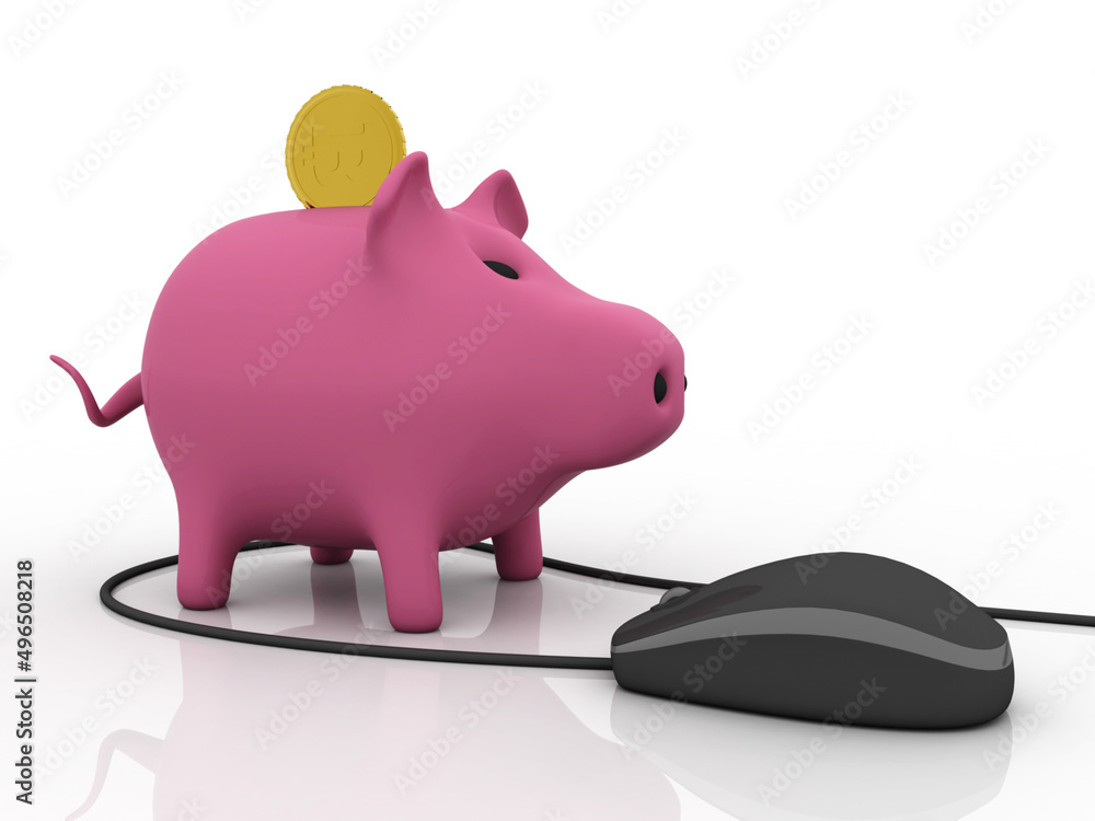 Poster 3d rendering pig coin bank with gold coin connected mouse