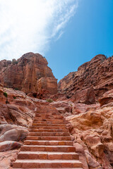 Jordan, trail in the mountains of Petra, daytime landscape on a sunny bright day