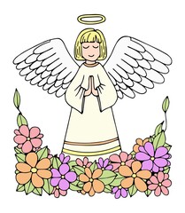 An angel prays for peace. Holy Guardian Angel in the Garden of Eden. Religious symbol. Kindness, love. Hand drawn vector flat art illustration. Contour line. Ready to use cards.