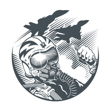 recommend clip art: Fighter Pilot sitting in cockpit and two jet fighters. Emblem, t-shirt design. Monochrome or black and white vector illustration.