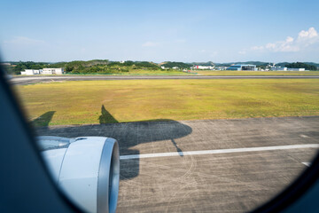 Engine of passenger jet airplane in airport