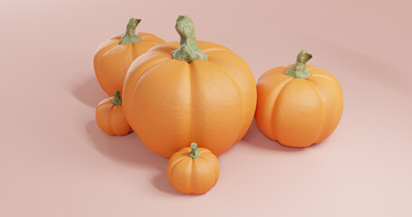 Orange pumpkin on bright background, holiday decoration. 3D illustration. For web and print. Multiple pumpkins isolated for halloween ad october