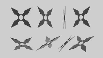 3D rendering illustration of shuriken ninja stars for web and print template. Shuriken (throwing star), traditional japanese ninja cold weapon flying in different perspectives on a grey background