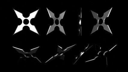3D rendering illustration of shuriken ninja stars for web and print template. Shuriken (throwing star), traditional japanese ninja cold weapon flying in different perspectives on a grey background © Leon