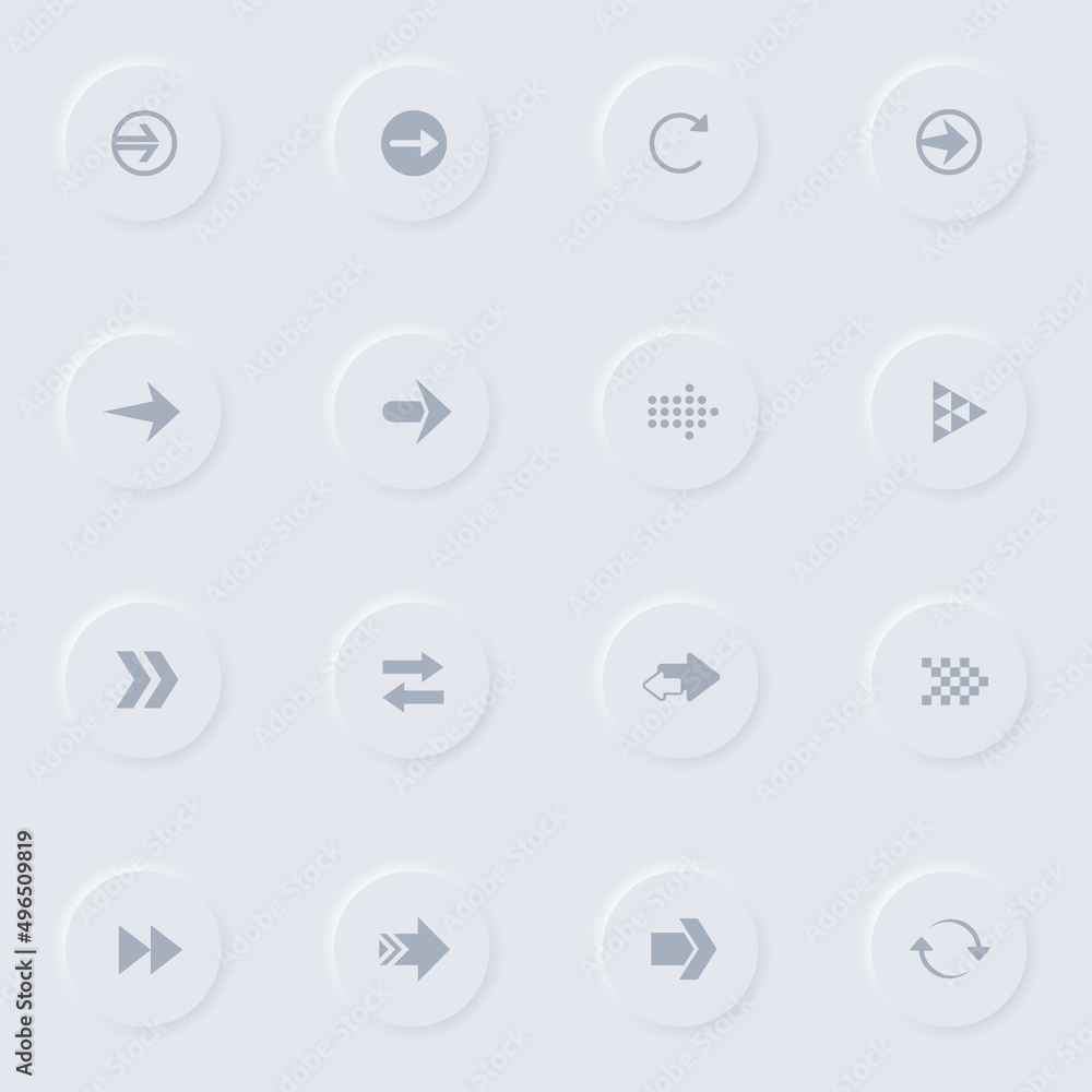 Poster arrows gray vector icons on round rubber buttons. arrows icon set for web, mobile apps, ui design an