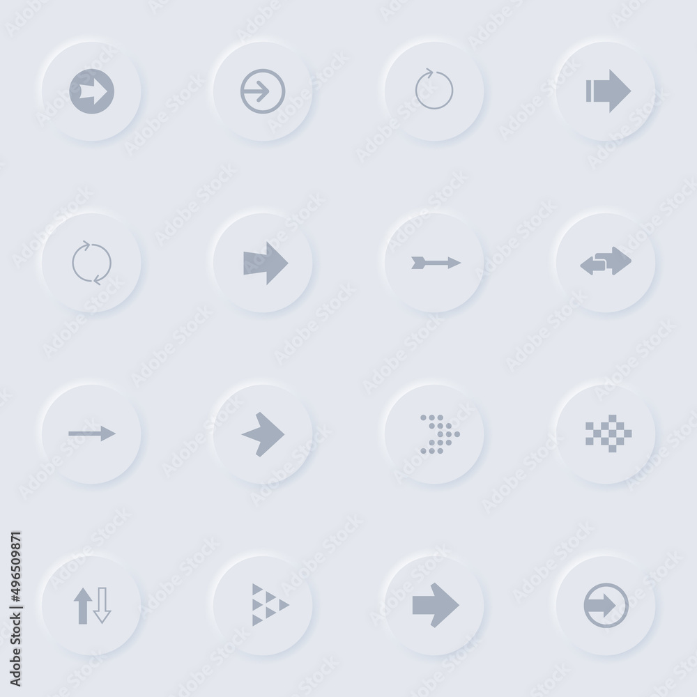 Poster arrows gray vector icons on round rubber buttons. arrows icon set for web, mobile apps, ui design an