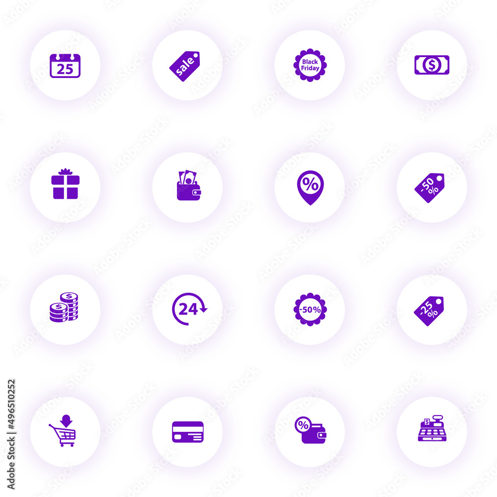 Poster black friday black purple color vector icons on light round buttons with purple shadow. black friday